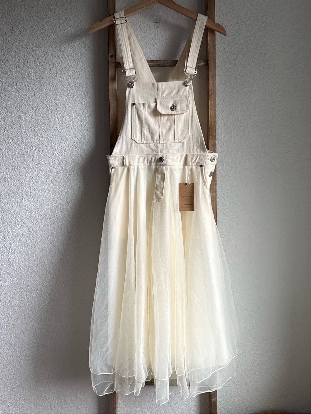 Soo Linen NWY Unique Ivory White Tulle Patchwork Denim Strap Dress NWT Sz: Small